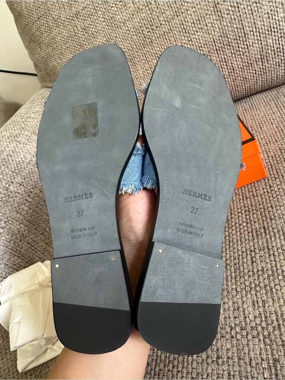 NEW in box HERMÈS Bleu Clair DENIM Fringe Oran Sandals - Picture 14 of 16